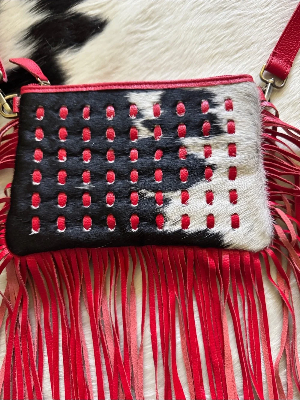 Red Fringe Crossbody Bag with Studded Haircalf Detail